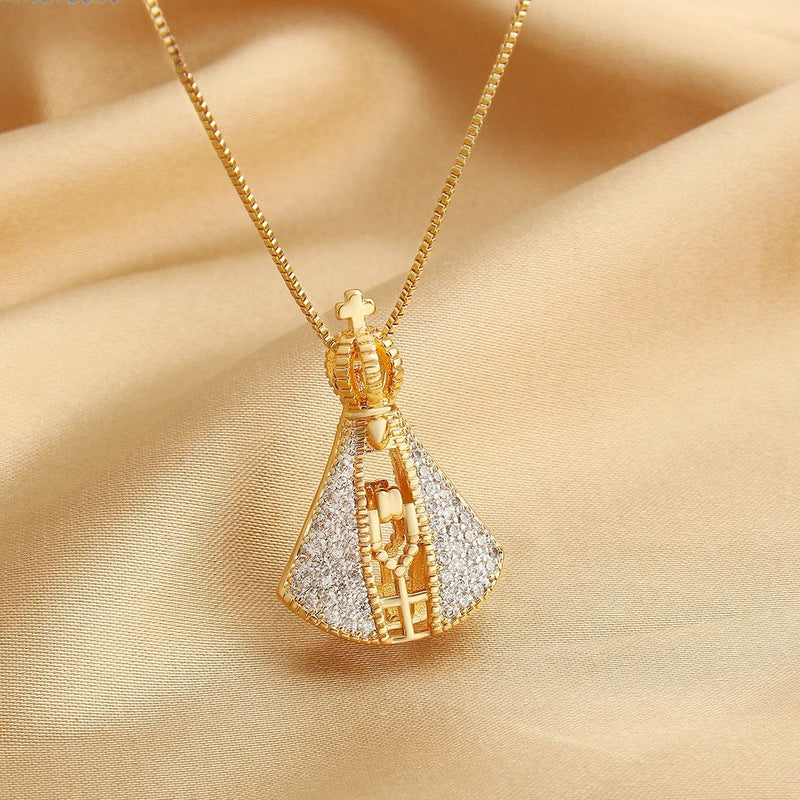 Colar Nossa Senhora Dupla Face em Ouro e Zircônia