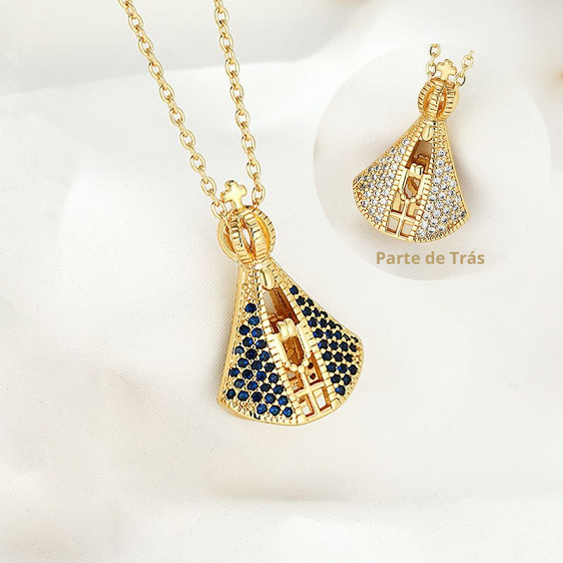 Colar Nossa Senhora Dupla Face em Ouro e Zircônia